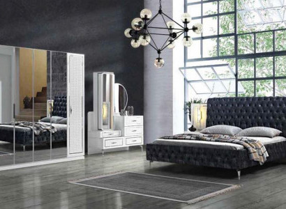 Bedroom bed nightstand dresser mirror wardrobe Chesterfield 5-piece set.